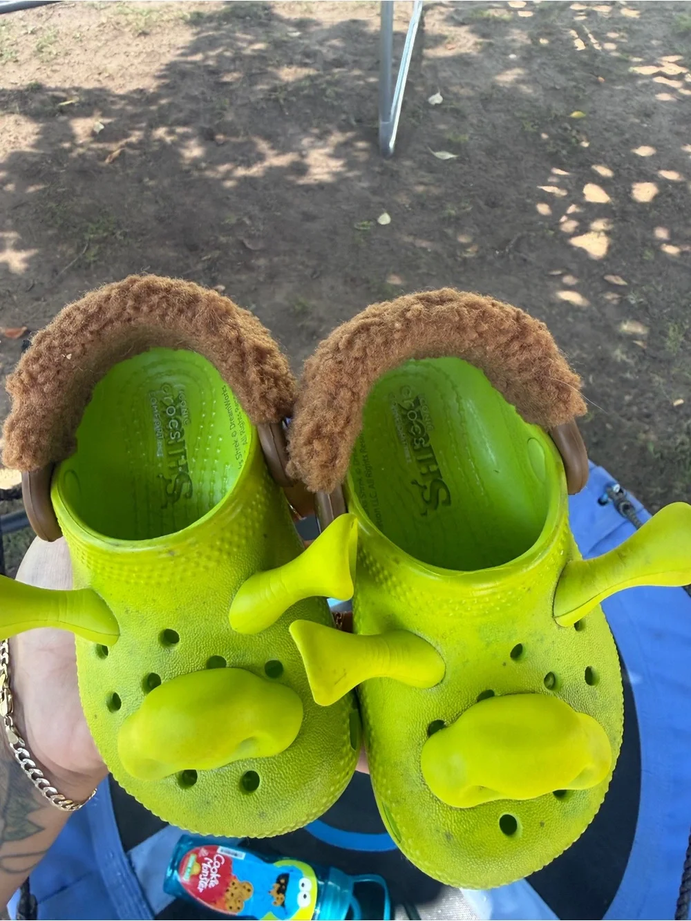 CROCS Kids Neon Lime Clog Sandals with Brown Faux Fur Trim